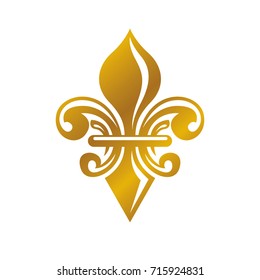 Heraldic coat of arms decorative emblem with lily flower, golden quality. Isolated vector illustration.