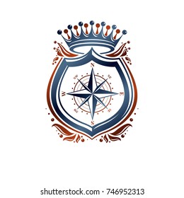 Heraldic coat of arms decorative emblem created with navigation compass and monarch crown. Protection shield, isolated vector illustration.