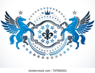 Heraldic coat of arms decorative emblem made with graceful Pegasus illustration, imperial crown and Lily flower royal symbol.