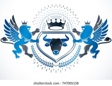 Heraldic coat of arms decorative emblem created with vector elements like mythic gryphon, wild bison and monarch crown.