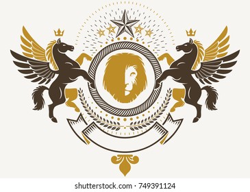 Heraldic Coat of Arms decorative emblem isolated vector illustration decorated with graceful Pegasus, wild lion and pentagonal stars.