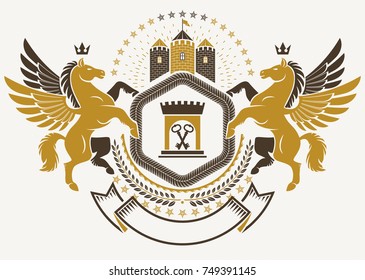 Heraldic Coat of Arms decorative emblem isolated vector illustration created using graceful Pegasus and ancient tower.