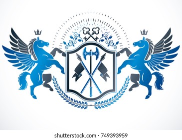 Heraldic Coat of Arms decorative emblem isolated vector illustration composed using graceful Pegasus, imperial crown and security keys.