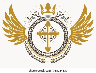 Heraldic Coat of Arms decorative emblem with bird wings, vector illustration of royal crown and Christian cross