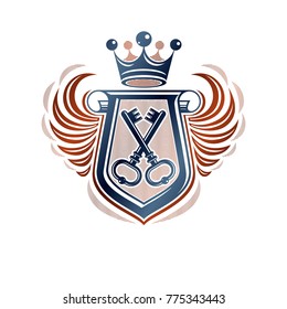 Heraldic coat of arms decorative emblem with cartouche. Empty winged protection shield emblem created with imperial crown and keys, isolated vector illustration.