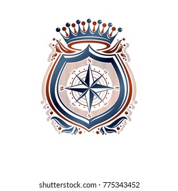 Heraldic coat of arms decorative emblem created with navigation compass and monarch crown. Protection shield, isolated vector illustration.