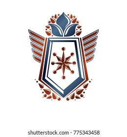 Heraldic coat of arms decorative emblem created with lily flower royal symbol. Winged protection shield, isolated vector illustration.