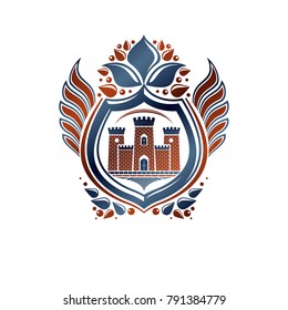 Heraldic Coat of Arms decorative emblem with medieval stronghold and lily flower, isolated vector illustration. Winged protection shield, defense. 
