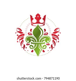 Heraldic coat of arms decorative emblem with lily flower and royal crown, eco product. Isolated vector illustration, Fleur-De-Lis.