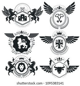 Heraldic Coat of Arms decorative emblems. Collection of symbols in vintage style.