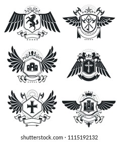 Heraldic Coat of Arms decorative emblems isolated vector illustrations. Vintage design elements collection.
