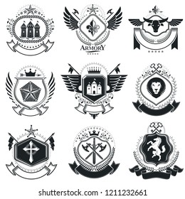 Heraldic Coat of Arms decorative emblems. Collection of symbols in vintage style.