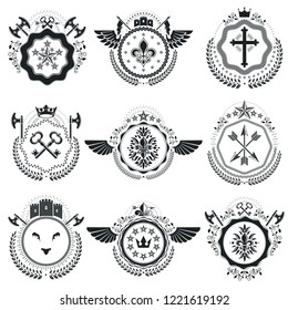 Heraldic Coat of Arms decorative emblems. Collection of symbols in vintage style.