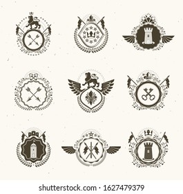 Heraldic Coat of Arms decorative emblems isolated vector illustrations. Vintage design elements collection.