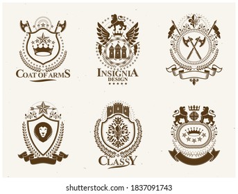 Heraldic Coat of Arms decorative emblems isolated vector illustrations. Vintage design elements collection.