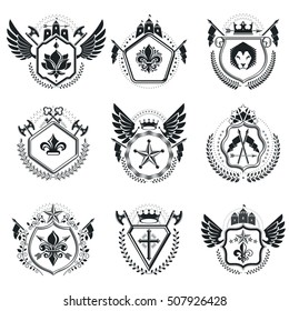 Heraldic Coat of Arms decorative emblems. Collection of symbols in vintage style.
