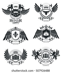 Heraldic Coat of Arms decorative emblems isolated vector illustrations. Vintage design elements collection.