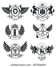 Heraldic Coat of Arms decorative emblems isolated vector illustrations. Vintage design elements collection.