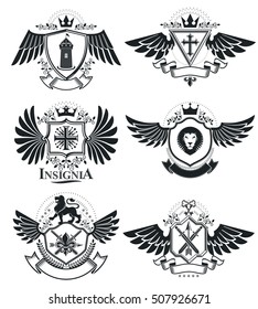 Heraldic Coat of Arms decorative emblems isolated vector illustrations. Vintage design elements collection.