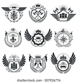 Heraldic Coat of Arms decorative emblems. Collection of symbols in vintage style.