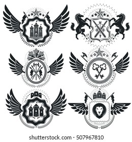 Heraldic Coat of Arms decorative emblems. Collection of symbols in vintage style.