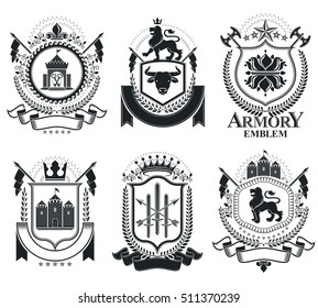 Heraldic Coat of Arms decorative emblems isolated vector illustrations. Vintage design elements collection.