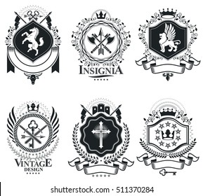 Heraldic Coat of Arms decorative emblems isolated vector illustrations. Vintage design elements collection.