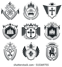 Heraldic Coat of Arms decorative emblems isolated vector illustrations. Vintage design elements collection.