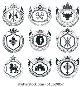 Heraldic Coat of Arms decorative emblems isolated vector illustrations. Vintage design elements collection.