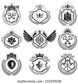 Heraldic Coat of Arms decorative emblems. Collection of symbols in vintage style.