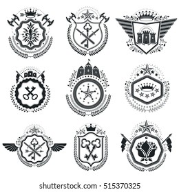 Heraldic Coat of Arms decorative emblems isolated vector illustrations. Vintage design elements collection.