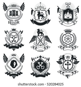 Heraldic Coat of Arms decorative emblems. Collection of symbols in vintage style.