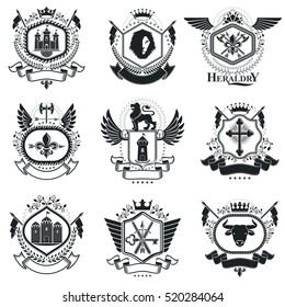 Heraldic Coat of Arms decorative emblems. Collection of symbols in vintage style.