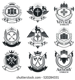 Heraldic Coat of Arms decorative emblems. Collection of symbols in vintage style.