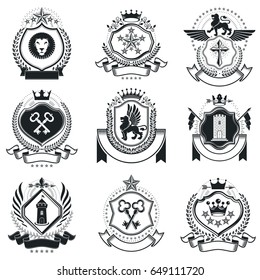 Heraldic Coat of Arms decorative emblems. Collection of symbols in vintage style.