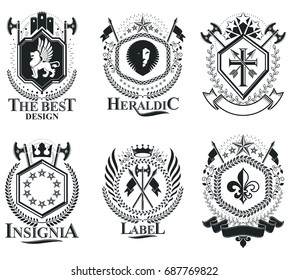 Heraldic Coat of Arms decorative emblems isolated vector illustrations. Vintage design elements collection.