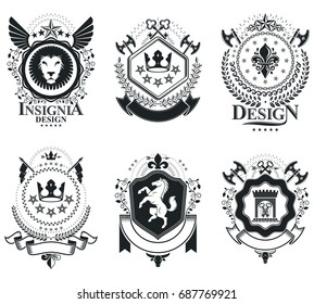 Heraldic Coat of Arms decorative emblems isolated vector illustrations. Vintage design elements collection.