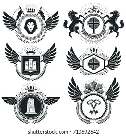 Heraldic Coat of Arms decorative emblems. Collection of symbols in vintage style.