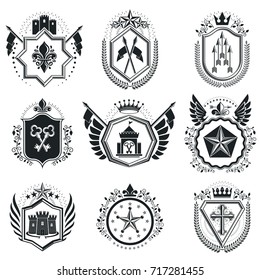 Heraldic Coat of Arms decorative emblems. Collection of symbols in vintage style.