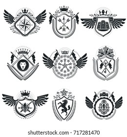 Heraldic Coat of Arms decorative emblems. Collection of symbols in vintage style.