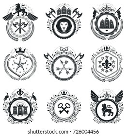 Heraldic Coat of Arms decorative emblems isolated vector illustrations. Vintage design elements collection.