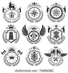 Heraldic Coat of Arms decorative emblems isolated vector illustrations. Vintage design elements collection.