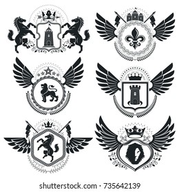 Heraldic Coat of Arms decorative emblems. Collection of symbols in vintage style.