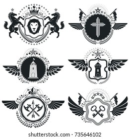 Heraldic Coat of Arms decorative emblems. Collection of symbols in vintage style.