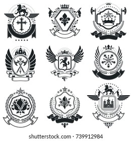Heraldic Coat of Arms decorative emblems. Collection of symbols in vintage style.