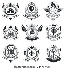 Heraldic Coat of Arms decorative emblems. Collection of symbols in vintage style.
