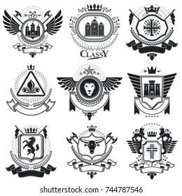 Heraldic Coat of Arms decorative emblems. Collection of symbols in vintage style.
