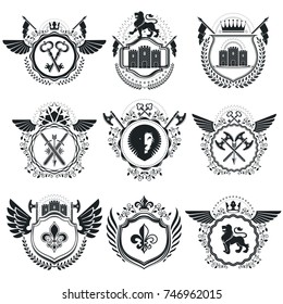 Heraldic Coat of Arms decorative emblems isolated vector illustrations. Vintage design elements collection.