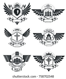 Heraldic Coat of Arms decorative emblems isolated vector illustrations. Vintage design elements collection.