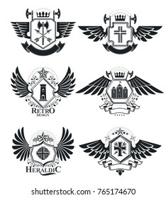 Heraldic Coat of Arms decorative emblems isolated vector illustrations. Vintage design elements collection.